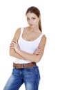 Beautiful cheerful teen girl in blue jean shorts Royalty Free Stock Photo