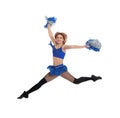 Beautiful cheerleader with pom poms jumping on white background Royalty Free Stock Photo