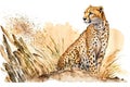 Beautiful cheetah in the African savanna, watercolor illustration generated by AI