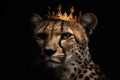 Beautiful Cheetah In Gold Crown On Matte Black Background. Generative AI