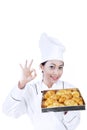 Beautiful chef and croissant on white Royalty Free Stock Photo