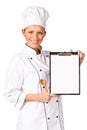 Beautiful chef woman holding a notice board