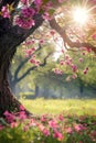 Beautiful cherry blossom sakura with lens flare effect. Spring nature background