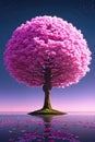 Beautiful cherry blossom, sakura magic tree on water, symmetrical unreal illustration background. Generative Ai