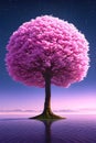 Beautiful cherry blossom, sakura magic tree on water, symmetrical unreal illustration background. Generative Ai