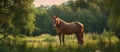 A beautiful chestnut horse stands in a lush grassy meadow, Generative AI