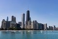 Beautiful Chicago Skyline along Lake Michigan with Boats and a Blue Sky during Summer