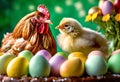 Beautiful chicken with colorful Easter eggs.