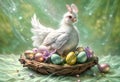 Beautiful chicken with colorful Easter eggs.