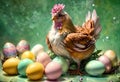 Beautiful chicken with colorful Easter eggs.