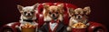 Beautiful Chihuahua Dogs with Food Snacks in Bucket Sitting on Luxurious Chairs in a Cinema extreme closeup. Generative AI