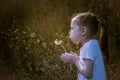 Beautiful child blowing away dandelion flower in spring. Royalty Free Stock Photo