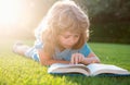 Beautiful child boy book on grass background. Kids reading book in park. Royalty Free Stock Photo