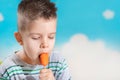 Beautiful child eats fresh carrot on a stick. Boy gnaws vegetables on a blue background Royalty Free Stock Photo