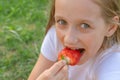 A beautiful child with green eyes is eating strawberries in her hands and smiles