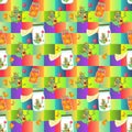 Beautiful childish patchwork pattern with cute cartoon dino, jar of pear compote and fruits on background of colored squares.
