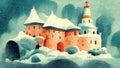 beautiful children book castle illustration with snow, ai generated image