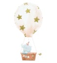 Beautiful children composition with cute watercolor hand drawn baby elephant on air balloon. Stock illustration.