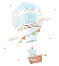 Beautiful children composition with cute watercolor hand drawn baby elephant on air balloon. Stock illustration.