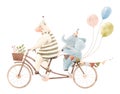 Beautiful children composition with cute watercolor hand drawn circus animals. Sheep and baby elephant on bike with air