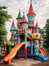 Beautiful children playground castle with colorful slides