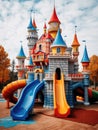 Beautiful children playground castle with colorful slides