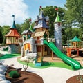 Beautiful children playground castle with colorful slides. Created with generative Ai