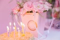 Beautiful children`s happy birthday cake with burning candles, postcard Royalty Free Stock Photo