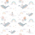 Beautiful children seamless pattern contain cute watercolor flying whales with air balloons lighthouses clouds and