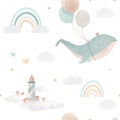 Beautiful children seamless pattern contain cute watercolor flying whales with air balloons lighthouses clouds and