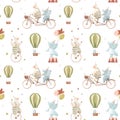 Beautiful children seamless pattern with cute watercolor hand drawn circus animals. Sheep juggle on unicycle, baby
