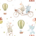 Beautiful children seamless pattern with cute watercolor hand drawn circus animals. Sheep juggle on unicycle, baby