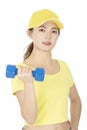 Asian woman working out using dumbbell weights isolated on white background Royalty Free Stock Photo