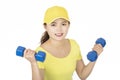 Asian woman working out using dumbbell weights isolated on white background Royalty Free Stock Photo