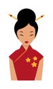 Beautiful chinese girl in traditional cheongsam red dress chopsticks in hair cartoon flat vector.