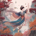 A beautiful chinese girl in traditional dress flying over the tress generative AI