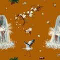 A beautiful chinese painting with waterfall, crane, spring blossom