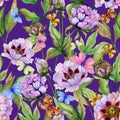 Beautiful Chinese peony and butterflies on bright polka dot background. Seamless floral pattern. Watercolor painting.