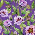 Beautiful Chinese peony with green leaves on bright polka dot background. Seamless floral pattern. Watercolor painting.