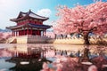 Beautiful chinese temple with cherry blossom in spring time, Gyeongbokgung palace with cherry blossom tree in spring time in seoul Royalty Free Stock Photo