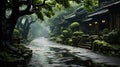 The Beautiful Chinese Wet Road and Green Trees in the Rain Landscapes Royalty Free Stock Photo