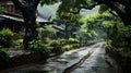 The Beautiful Chinese Wet Road and Green Trees in the Rain Landscapes Royalty Free Stock Photo