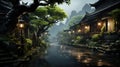 The Beautiful Chinese Wet Road and Green Trees in the Rain Landscapes Royalty Free Stock Photo