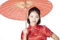 Beautiful Chinese woman wearing a Chipao isolated on white background