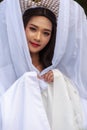 Beautiful Chinese woman white dress traditional, Beautiful and belligerent face; asian you woman in Chinese dress