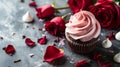 Beautiful chocolate cupcake, pink cream, meringue cookies and red roses on gray stone surface