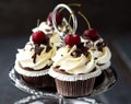 Beautiful chocolate cupcakes with white cream and cherry