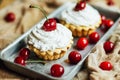 Beautiful chocolate cupcakes with white protein cream and cherry Royalty Free Stock Photo