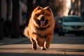 Beautiful chow chow dog running on the street at sunset