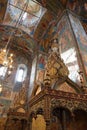 Beautiful Christian Church in Russia, interior decoration, wooden decor and frescoes, painting, art